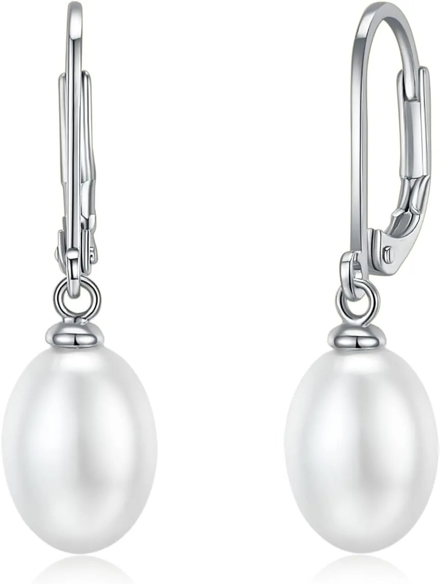 MINDDHA 14K Gold | White Gold Plated Sterling Silver Hoop, AAA  Quality Simulated Shell Pearl Leverback Dangle Stud Pearl Earrings | Silver Earings, Gold Earrings For Women | Oval and Teardrop Pearl