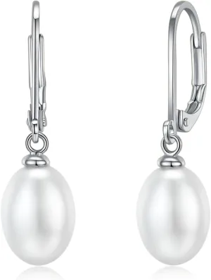 MINDDHA 14K Gold | White Gold Plated Sterling Silver Hoop, AAA  Quality Simulated Shell Pearl Leverback Dangle Stud Pearl Earrings | Silver Earings, Gold Earrings For Women | Oval and Teardrop Pearl