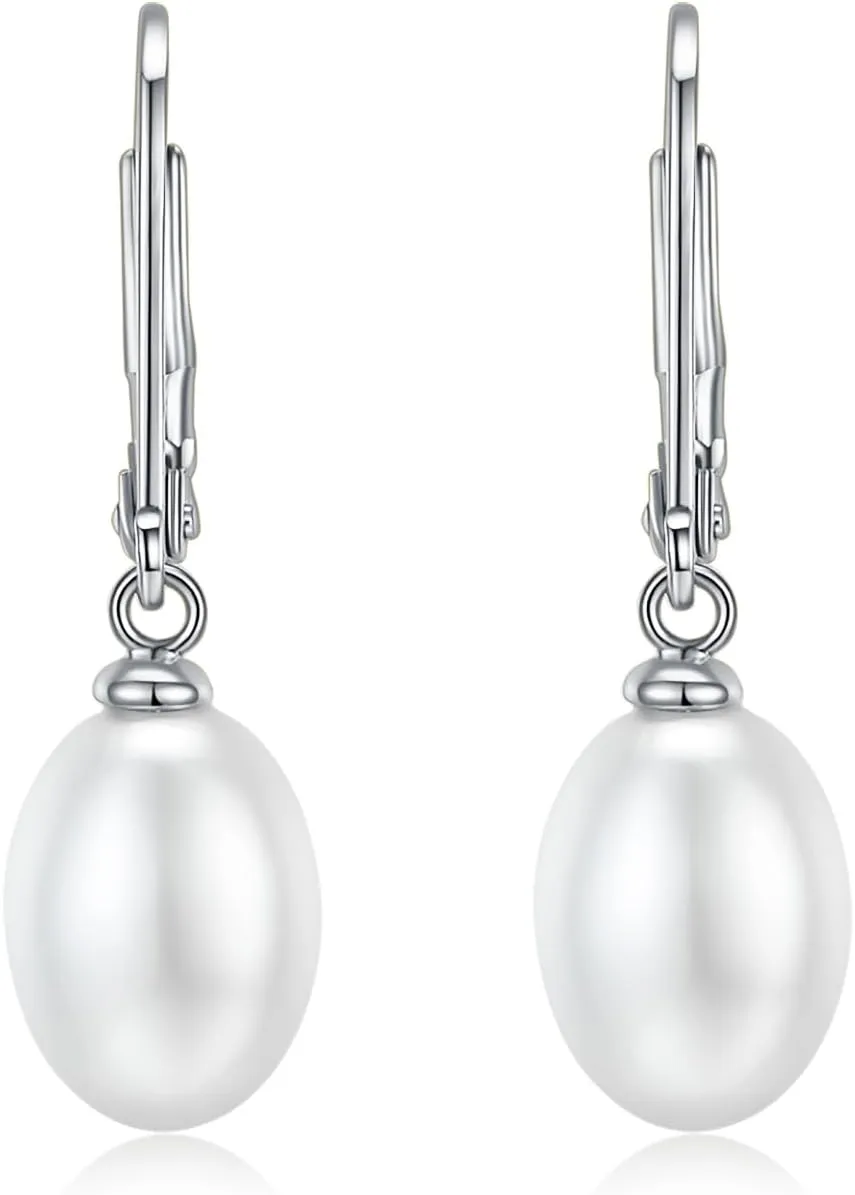 MINDDHA 14K Gold | White Gold Plated Sterling Silver Hoop, AAA  Quality Simulated Shell Pearl Leverback Dangle Stud Pearl Earrings | Silver Earings, Gold Earrings For Women | Oval and Teardrop Pearl