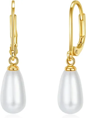 MINDDHA 14K Gold | White Gold Plated Sterling Silver Hoop, AAA  Quality Simulated Shell Pearl Leverback Dangle Stud Pearl Earrings | Silver Earings, Gold Earrings For Women | Oval and Teardrop Pearl
