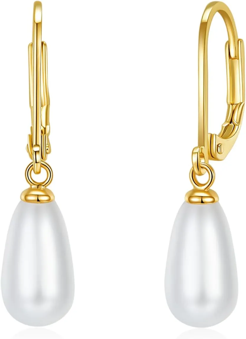 MINDDHA 14K Gold | White Gold Plated Sterling Silver Hoop, AAA  Quality Simulated Shell Pearl Leverback Dangle Stud Pearl Earrings | Silver Earings, Gold Earrings For Women | Oval and Teardrop Pearl
