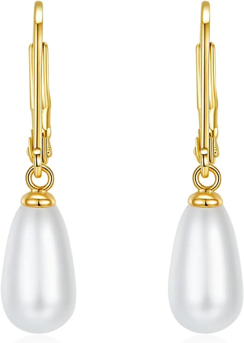 MINDDHA 14K Gold | White Gold Plated Sterling Silver Hoop, AAA  Quality Simulated Shell Pearl Leverback Dangle Stud Pearl Earrings | Silver Earings, Gold Earrings For Women | Oval and Teardrop Pearl
