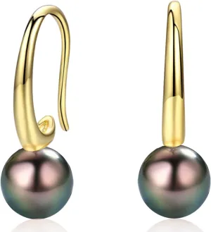 Minimalist Modern Sleek Tahitian Black Pearl Earrings 8-9mm Yellow Gold Plated Sterling Silver - Jewelry Gifts for Women (Classic)