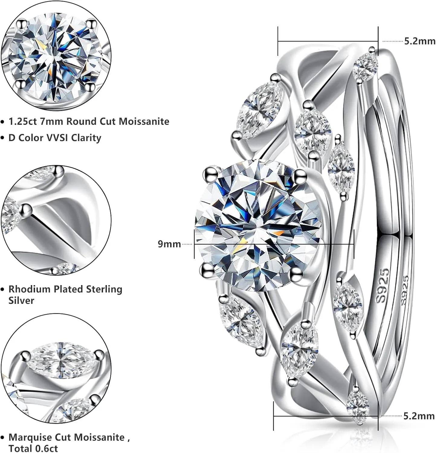 Moissanite Band Ring Women S925 Sterling Silver D Color VVSI Clarity Moissanite Engagement for Women Wedding Promise Anniversary Jewelry Ring Perfect Size 5-9