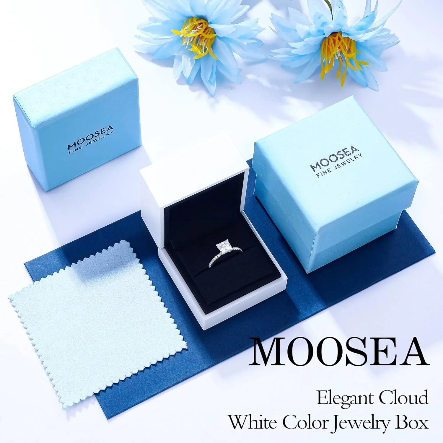 MOOSEA 1.5ct Princess Cut Moissanite Engagement Rings for Women, Brilliant D Color VVS1 Clarity Lab Created Diamond Wedding Rings 14K White Gold Vermeil V Setting Moissanite Rings
