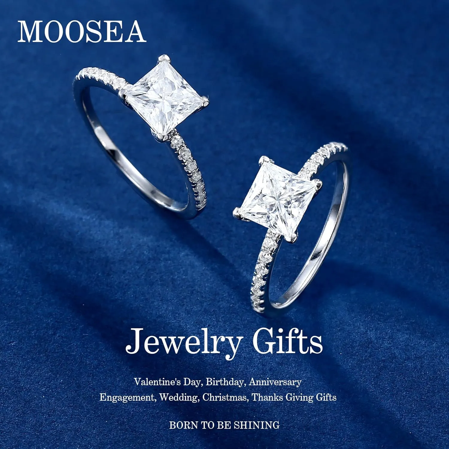 MOOSEA 1.5ct Princess Cut Moissanite Engagement Rings for Women, Brilliant D Color VVS1 Clarity Lab Created Diamond Wedding Rings 14K White Gold Vermeil V Setting Moissanite Rings