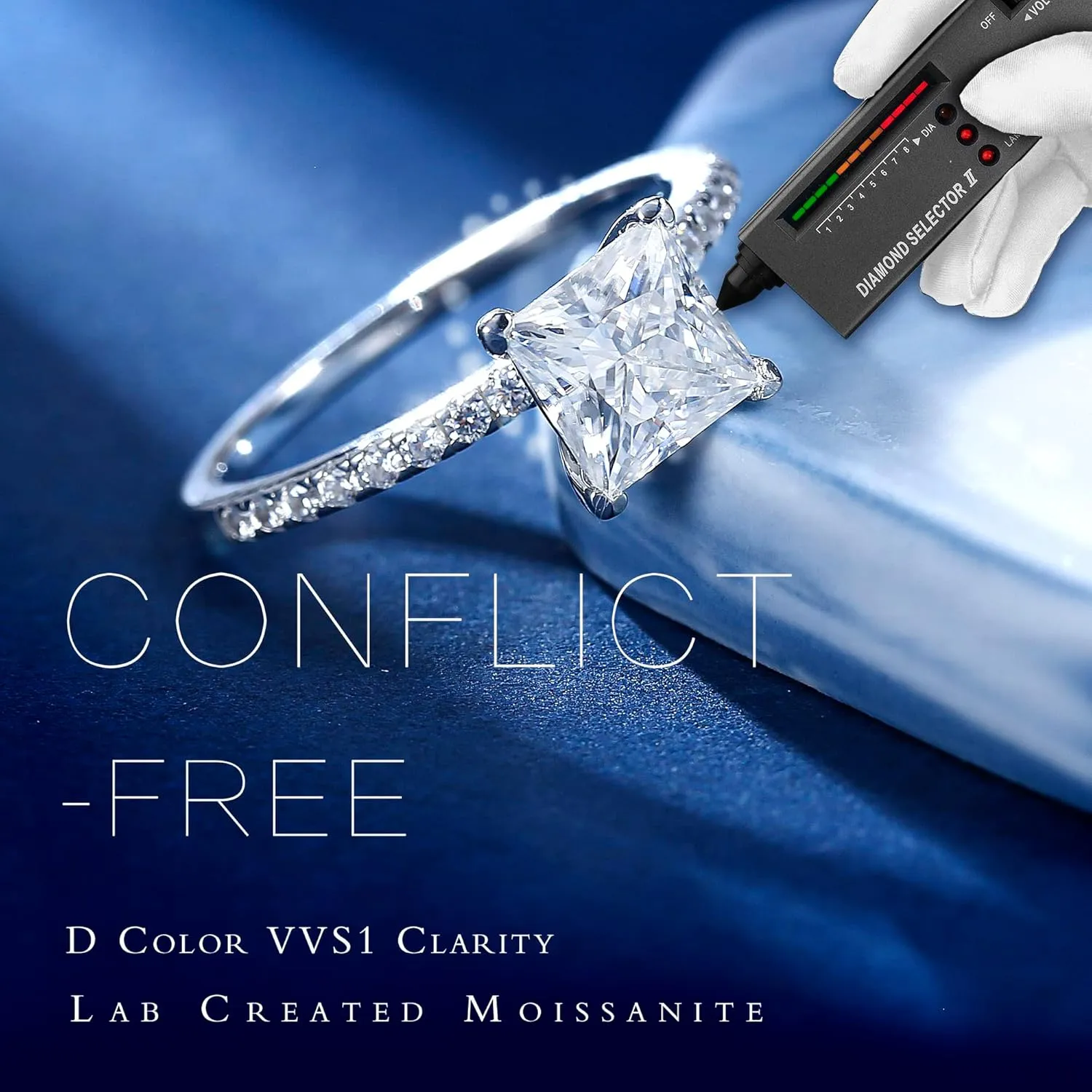 MOOSEA 1.5ct Princess Cut Moissanite Engagement Rings for Women, Brilliant D Color VVS1 Clarity Lab Created Diamond Wedding Rings 14K White Gold Vermeil V Setting Moissanite Rings
