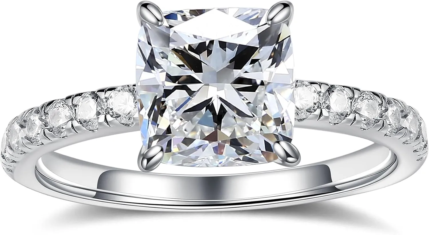 MOOSEA 2CT Cushion Cut Moissanite Engagement Rings for Women, D Color VVS1 Clarity Lab Created Moissanite Wedding Rings 14K White Gold Vermeil Four Claw Moissanite Rings