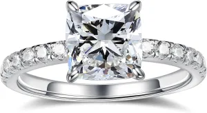 MOOSEA 2CT Cushion Cut Moissanite Engagement Rings for Women, D Color VVS1 Clarity Lab Created Moissanite Wedding Rings 14K White Gold Vermeil Four Claw Moissanite Rings