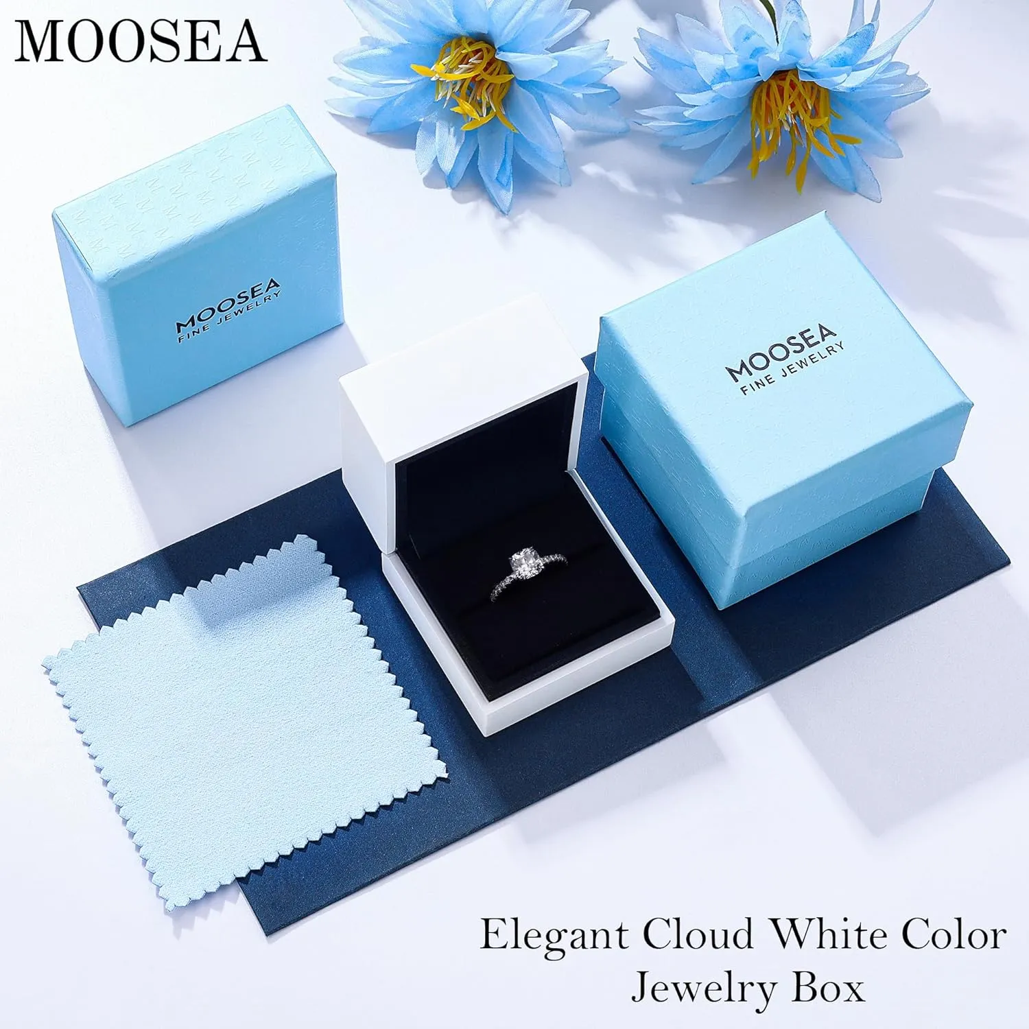 MOOSEA 2CT Cushion Cut Moissanite Engagement Rings for Women, D Color VVS1 Clarity Lab Created Moissanite Wedding Rings 14K White Gold Vermeil Four Claw Moissanite Rings