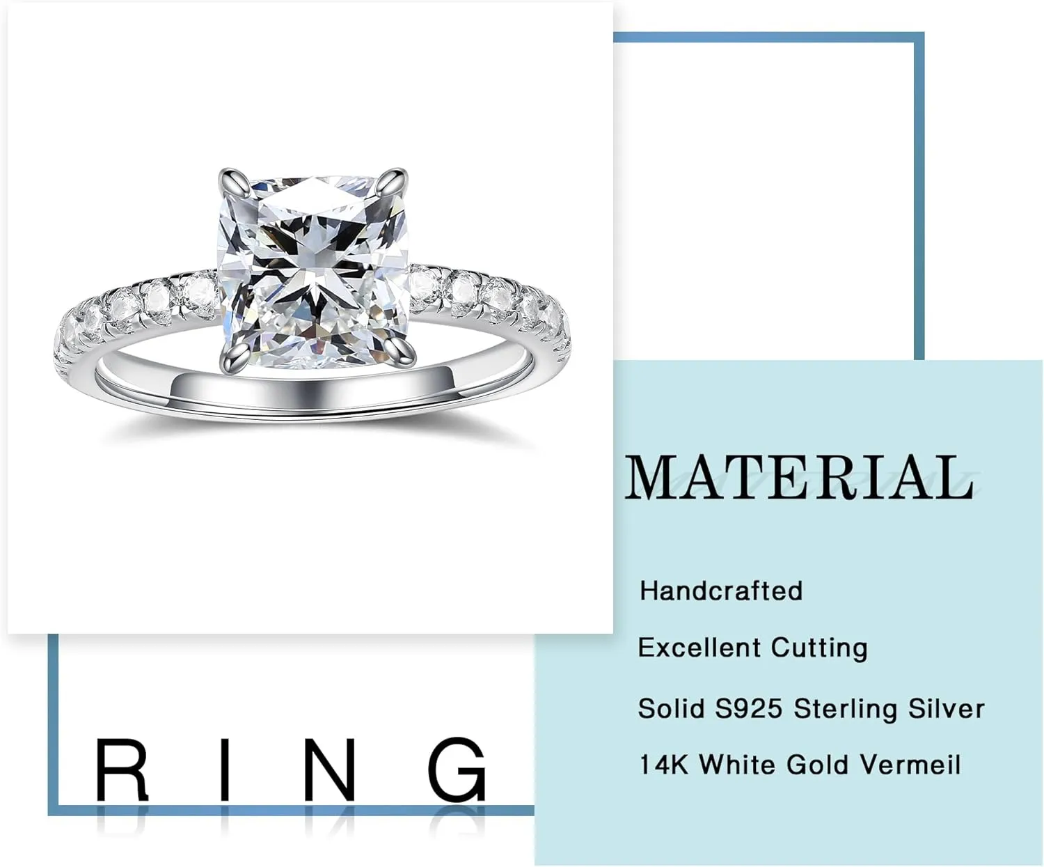MOOSEA 2CT Cushion Cut Moissanite Engagement Rings for Women, D Color VVS1 Clarity Lab Created Moissanite Wedding Rings 14K White Gold Vermeil Four Claw Moissanite Rings