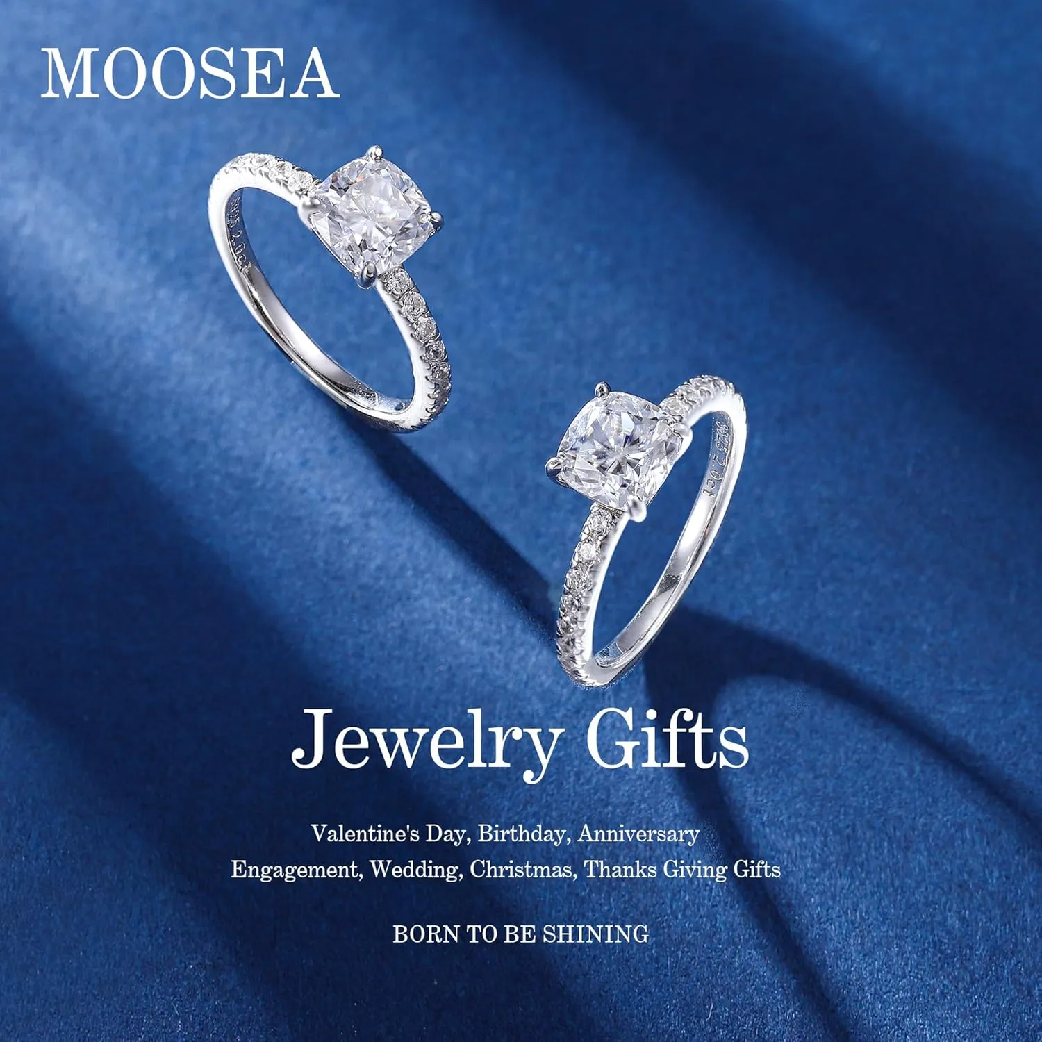 MOOSEA 2CT Cushion Cut Moissanite Engagement Rings for Women, D Color VVS1 Clarity Lab Created Moissanite Wedding Rings 14K White Gold Vermeil Four Claw Moissanite Rings