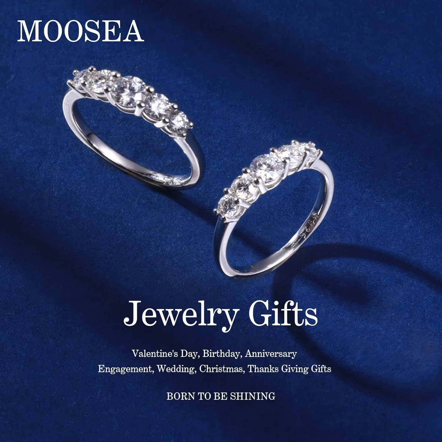 MOOSEA 5 Stone Moissanite Wedding Bands for Women, D Color VVS1 Clarity Lab Created Moissanite Moissanite Rings 14K White Gold Vermeil Sterling Silver Moissanite Rings for Women Promise Rings for Her
