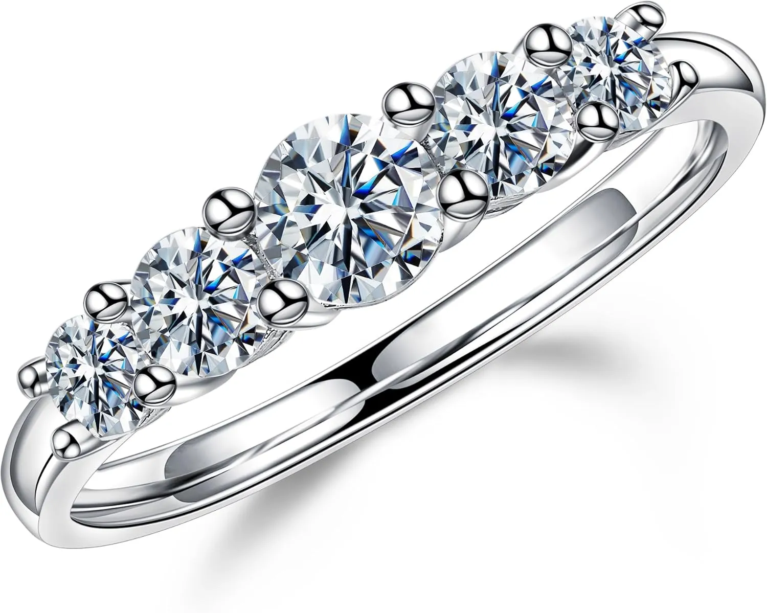 MOOSEA 5 Stone Moissanite Wedding Bands for Women, D Color VVS1 Clarity Lab Created Moissanite Moissanite Rings 14K White Gold Vermeil Sterling Silver Moissanite Rings for Women Promise Rings for Her
