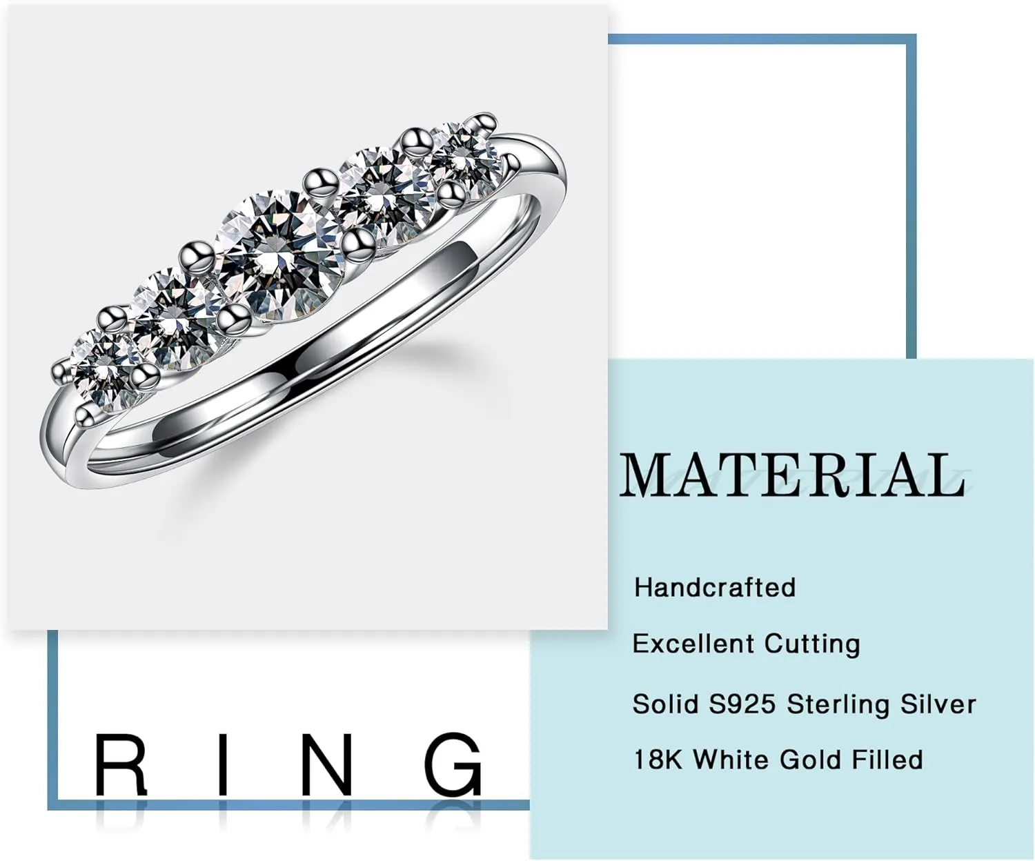 MOOSEA 5 Stone Moissanite Wedding Bands for Women, D Color VVS1 Clarity Lab Created Moissanite Moissanite Rings 14K White Gold Vermeil Sterling Silver Moissanite Rings for Women Promise Rings for Her