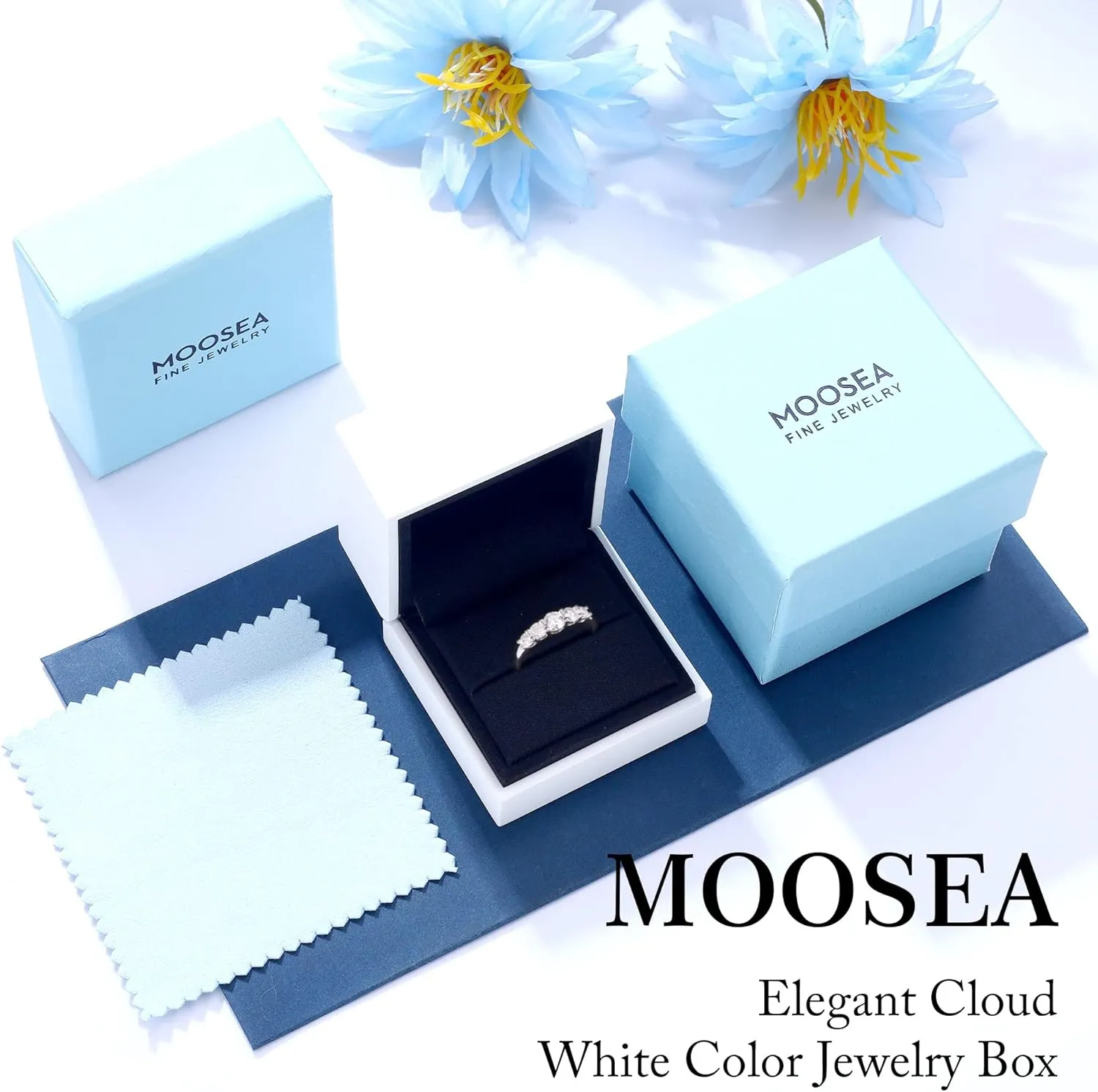 MOOSEA 5 Stone Moissanite Wedding Bands for Women, D Color VVS1 Clarity Lab Created Moissanite Moissanite Rings 14K White Gold Vermeil Sterling Silver Moissanite Rings for Women Promise Rings for Her