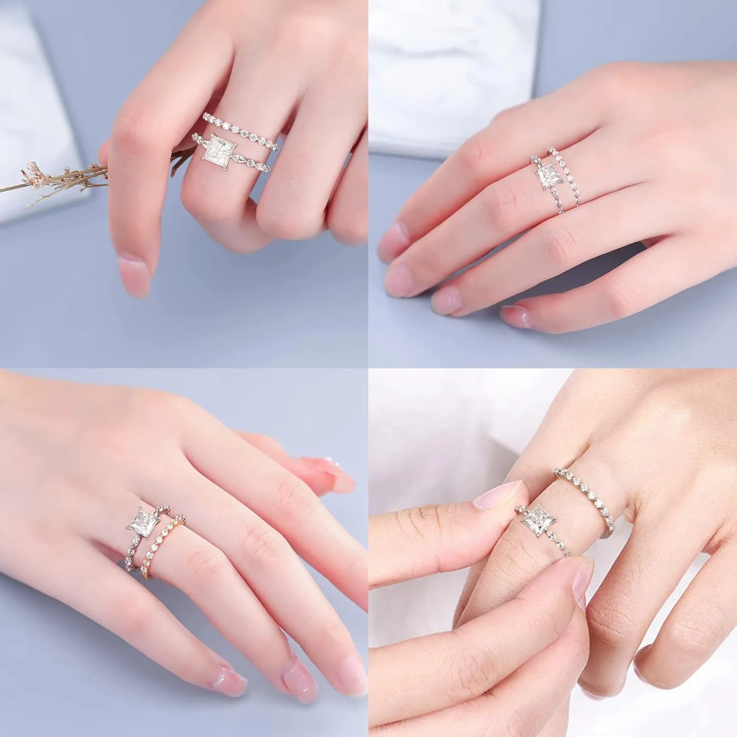 MOOSEA Princess Cut Moissanite Engagement Rings for Women, 1.5ct D Color VVS1 Clarity Lab Created Diamond Rings 14K White Gold Vermeil Marquise and Round Moissanite Rings for Women Gifts