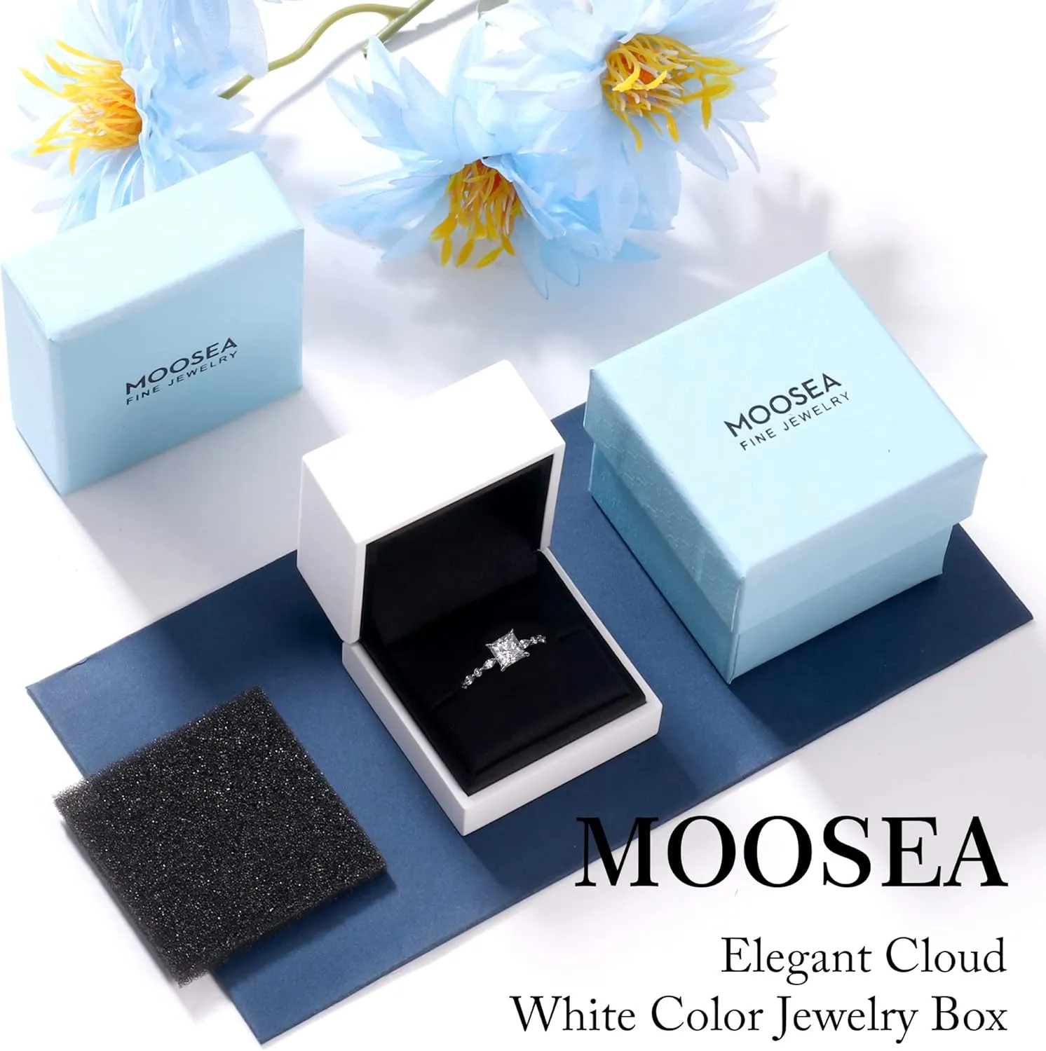 MOOSEA Princess Cut Moissanite Engagement Rings for Women, 1.5ct D Color VVS1 Clarity Lab Created Diamond Rings 14K White Gold Vermeil Marquise and Round Moissanite Rings for Women Gifts