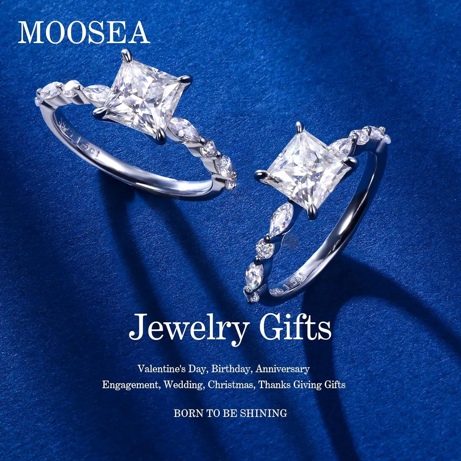 MOOSEA Princess Cut Moissanite Engagement Rings for Women, 1.5ct D Color VVS1 Clarity Lab Created Diamond Rings 14K White Gold Vermeil Marquise and Round Moissanite Rings for Women Gifts