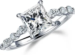 MOOSEA Princess Cut Moissanite Engagement Rings for Women, 1.5ct D Color VVS1 Clarity Lab Created Diamond Rings 14K White Gold Vermeil Marquise and Round Moissanite Rings for Women Gifts