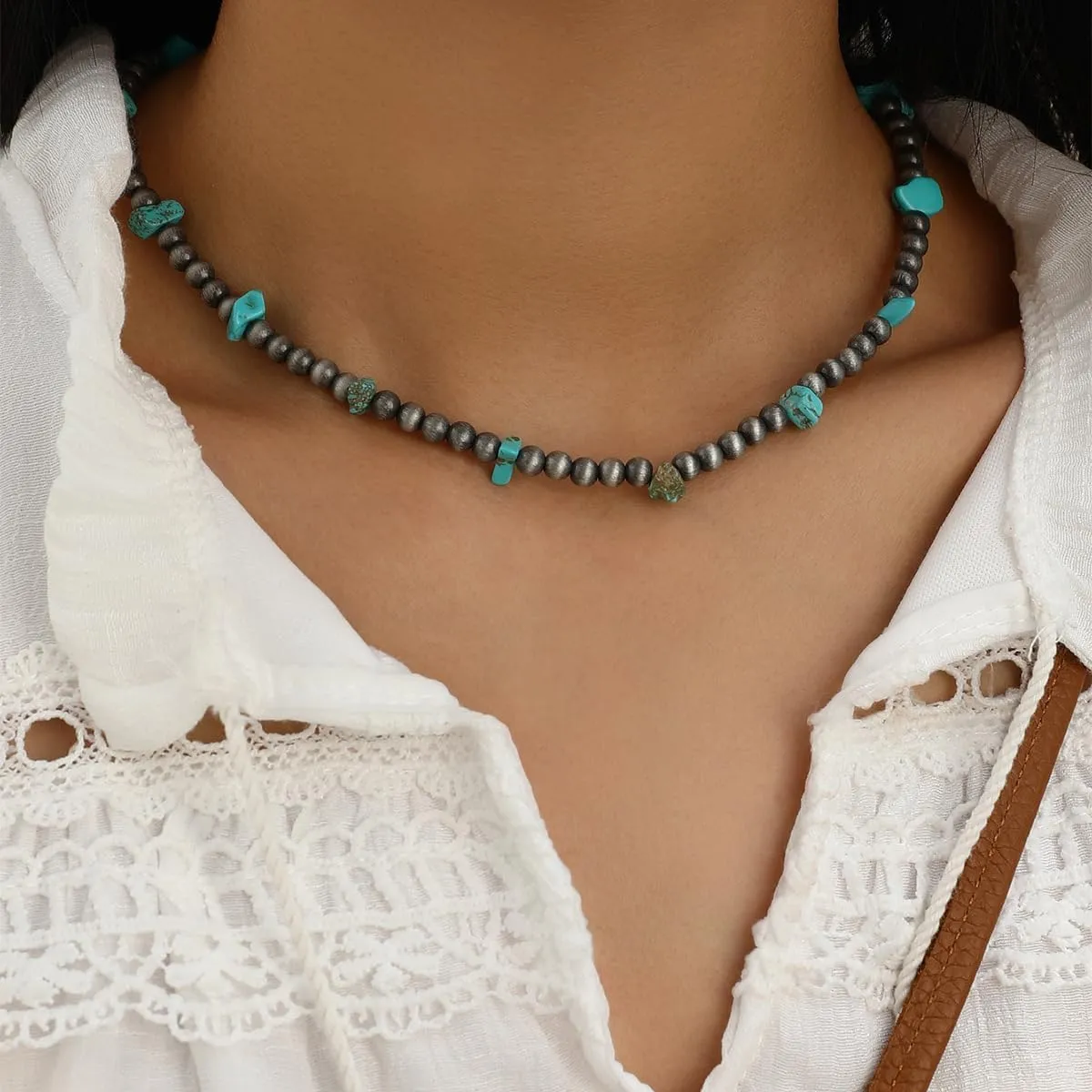 Navajo Pearl Necklace Western Jewelry for Women Western Cowgirl Turquoise Necklaces Boho Navajo Beaded Choker Necklace