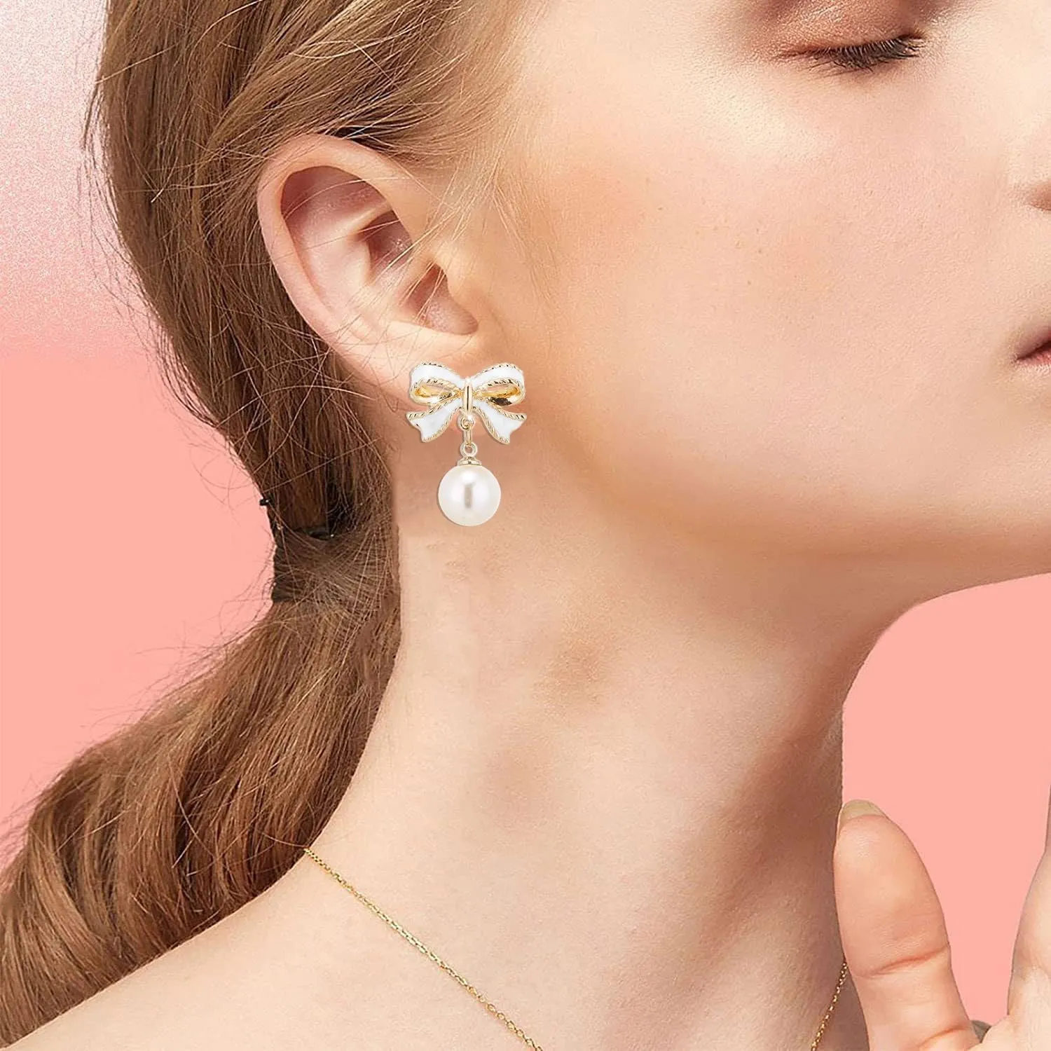 Pearl Bow Earrings for Women,Christmas Bow Earrings Pearl Bow Christmas Earrings Handmade Xmas Holiday Earring Christmas Jewelry Costume Accessories