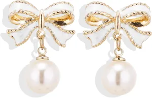 Pearl Bow Earrings for Women,Christmas Bow Earrings Pearl Bow Christmas Earrings Handmade Xmas Holiday Earring Christmas Jewelry Costume Accessories