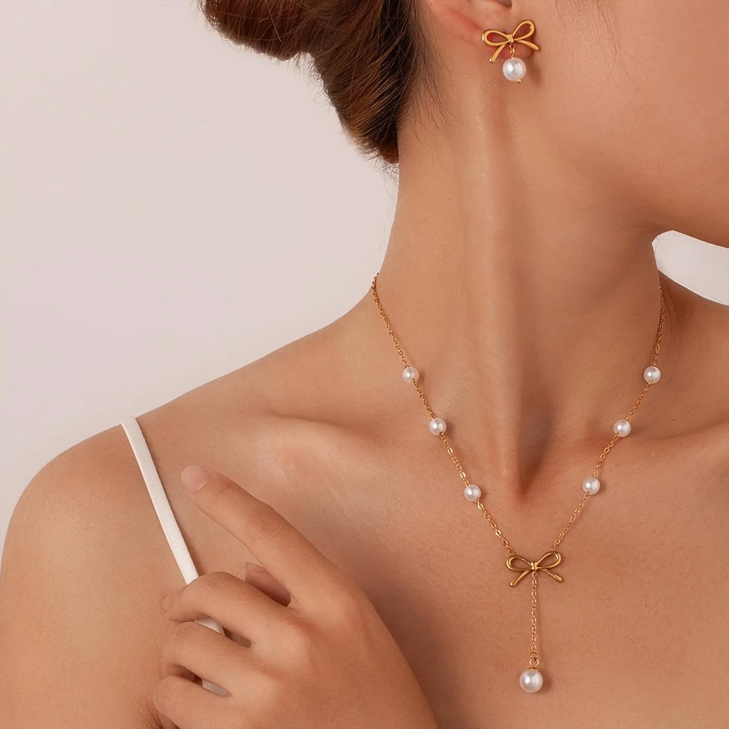 Pearl Bow Earrings Necklace Bracelet Set Pearl Necklace and Earring Set Dainty Gold Bow Earrings Wedding Bride Bridesmaid Jewelry Gift