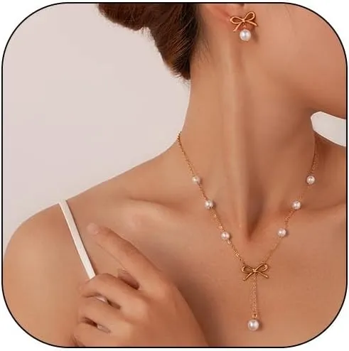 Pearl Bow Earrings Necklace Bracelet Set Pearl Necklace and Earring Set Dainty Gold Bow Earrings Wedding Bride Bridesmaid Jewelry Gift