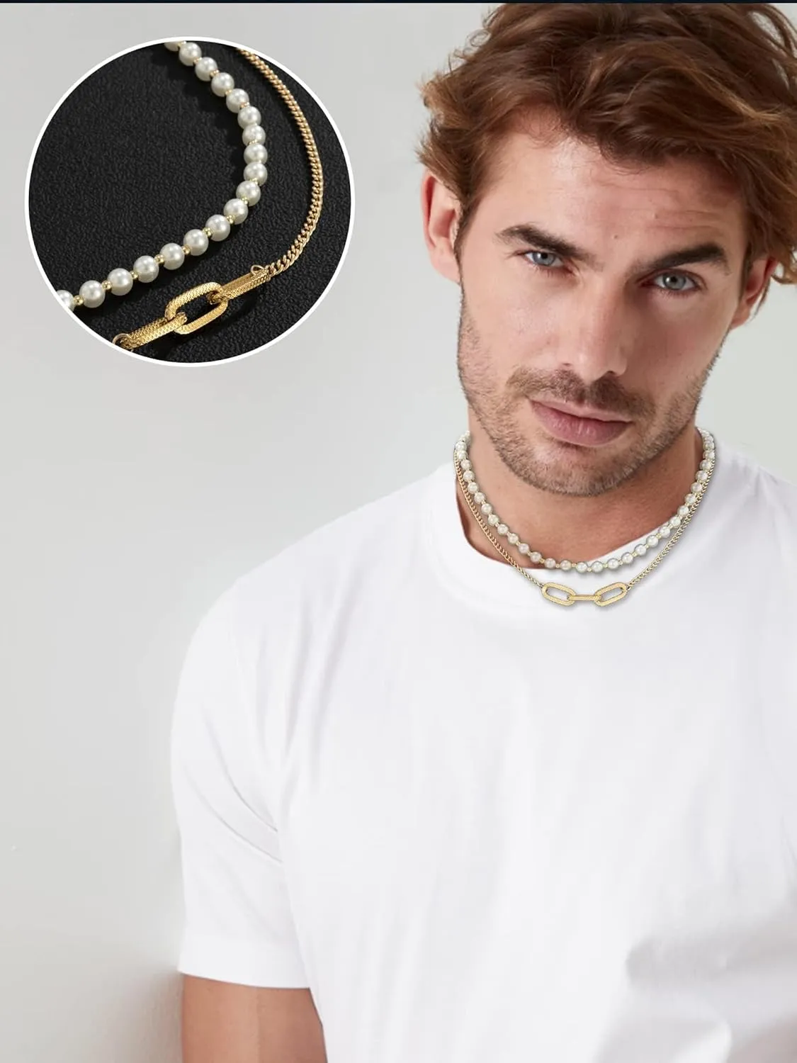 Pearl Choker Necklaces for Men White Pearl Necklace Set Gold Chain Layered Necklace Trendy Pearl Jewelry for Men Birthday Gifts for Boyfriend