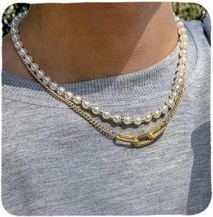 Pearl Choker Necklaces for Men White Pearl Necklace Set Gold Chain Layered Necklace Trendy Pearl Jewelry for Men Birthday Gifts for Boyfriend