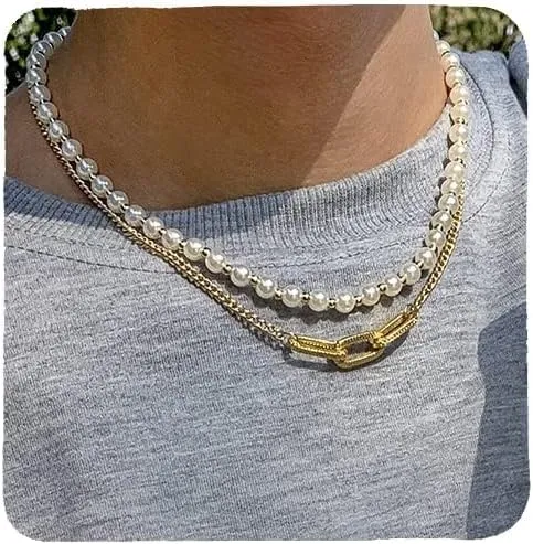 Pearl Choker Necklaces for Men White Pearl Necklace Set Gold Chain Layered Necklace Trendy Pearl Jewelry for Men Birthday Gifts for Boyfriend