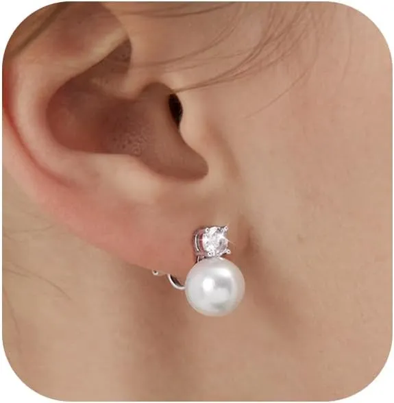 Pearl Clip on Earrings for Women 14K Gold Silver Plated Pearl Earrings Cubic Zirconia Non Pierced Earrings for Women Jewelry Gifts Wedding Party