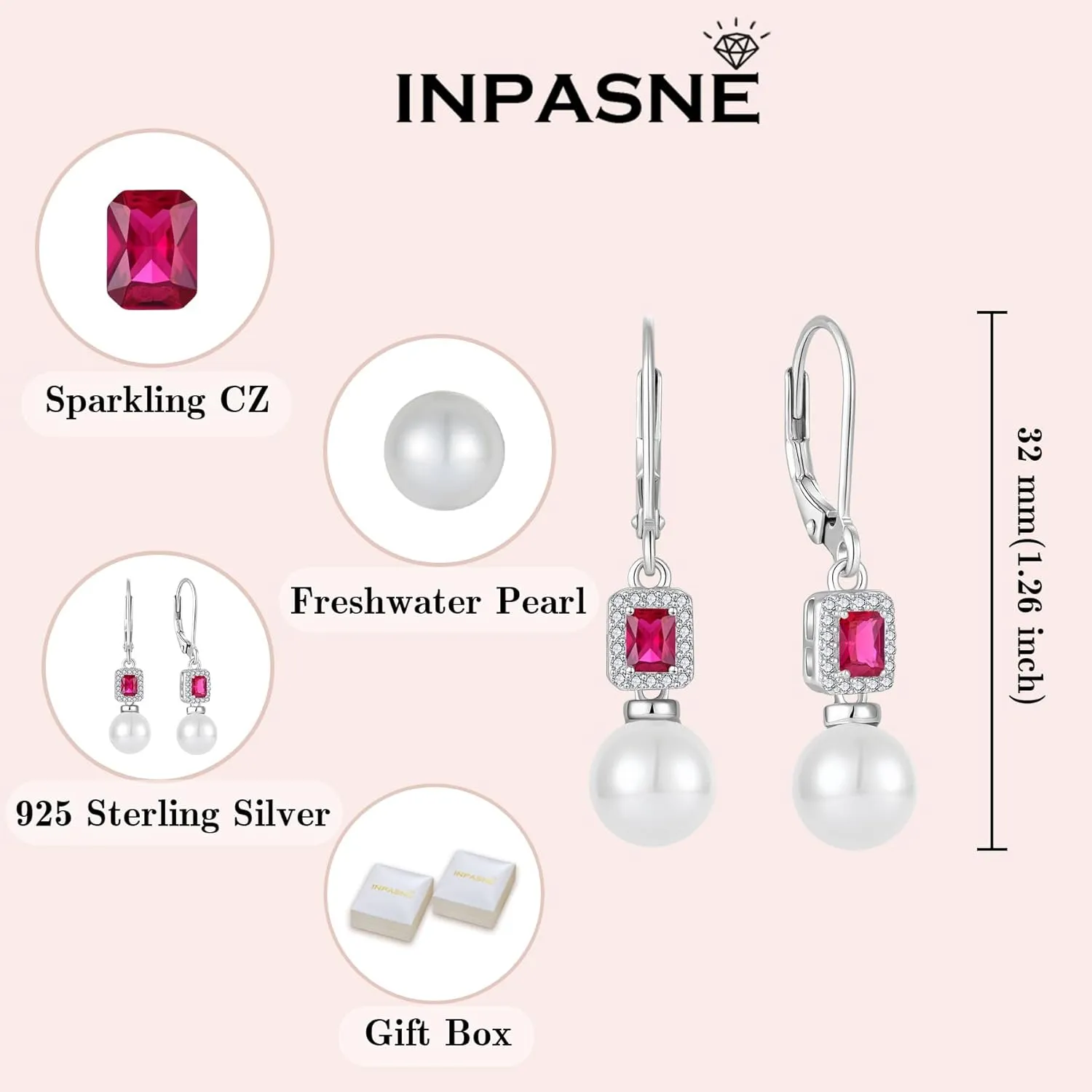 Pearl Drop Earrings Dangling 925 Sterling Silver Emerald Cut Leverback Earrings Birthstone Jewelry for Women