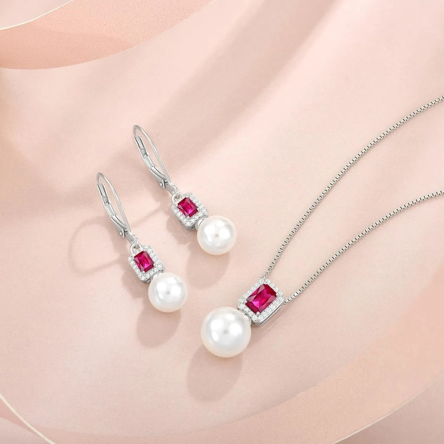 Pearl Drop Earrings Dangling 925 Sterling Silver Emerald Cut Leverback Earrings Birthstone Jewelry for Women