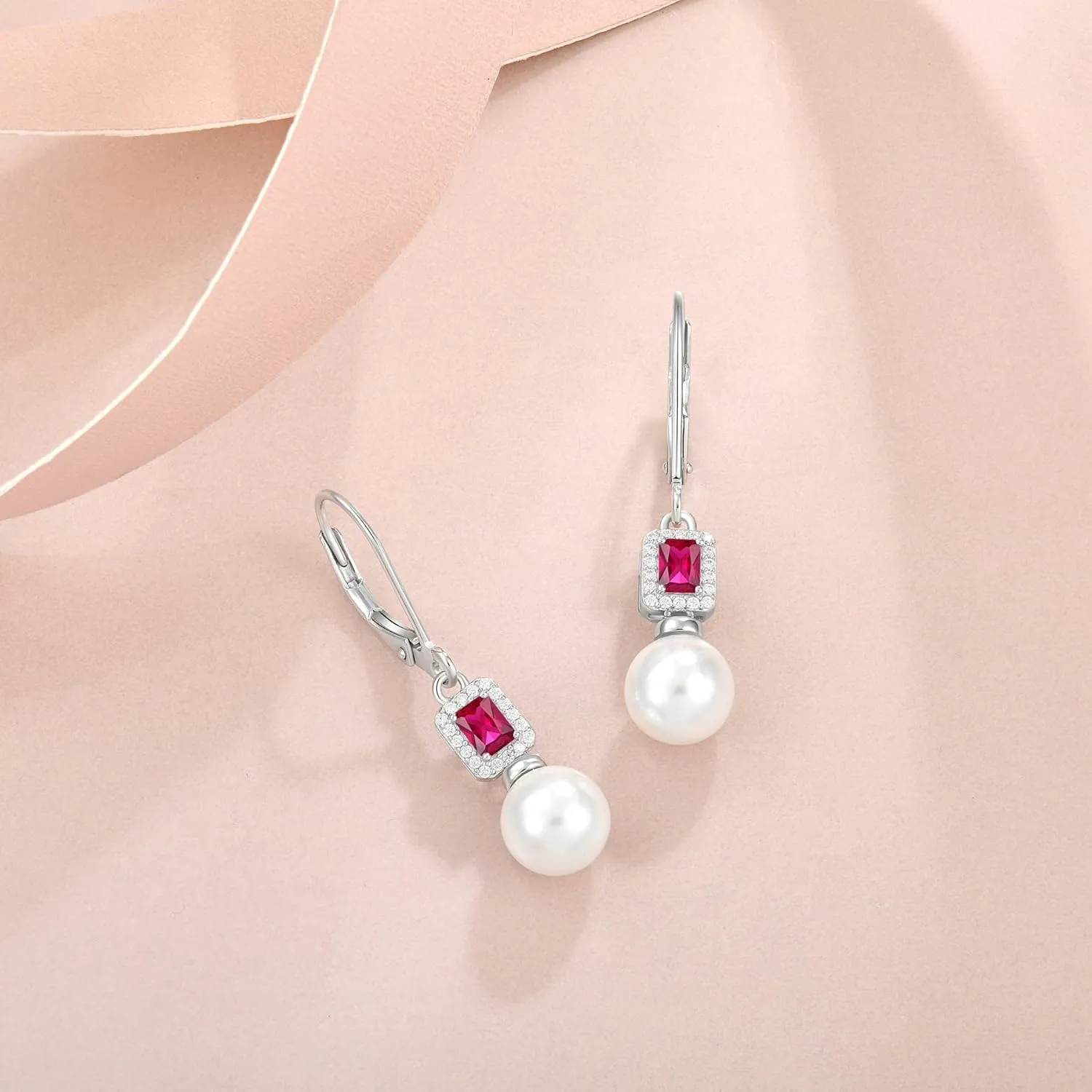 Pearl Drop Earrings Dangling 925 Sterling Silver Emerald Cut Leverback Earrings Birthstone Jewelry for Women