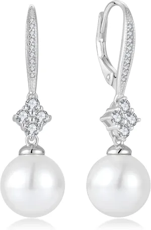 Pearl Earrings for Women 925 Sterling Silver Dainty Dangle Drop Leverback Earrings whit 5A Cubic Zirconia Pearl Jewelry Anniversary Mother's Day Birthday Christmas Gifts for Women Girls