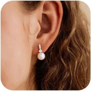 Pearl Earrings for Women - Dainty Gold Dangle Drop Earrings, 14k Gold Plated Cute Bow Design, Hypoallergenic Pearl Studs, Wedding Jewelry Gifts