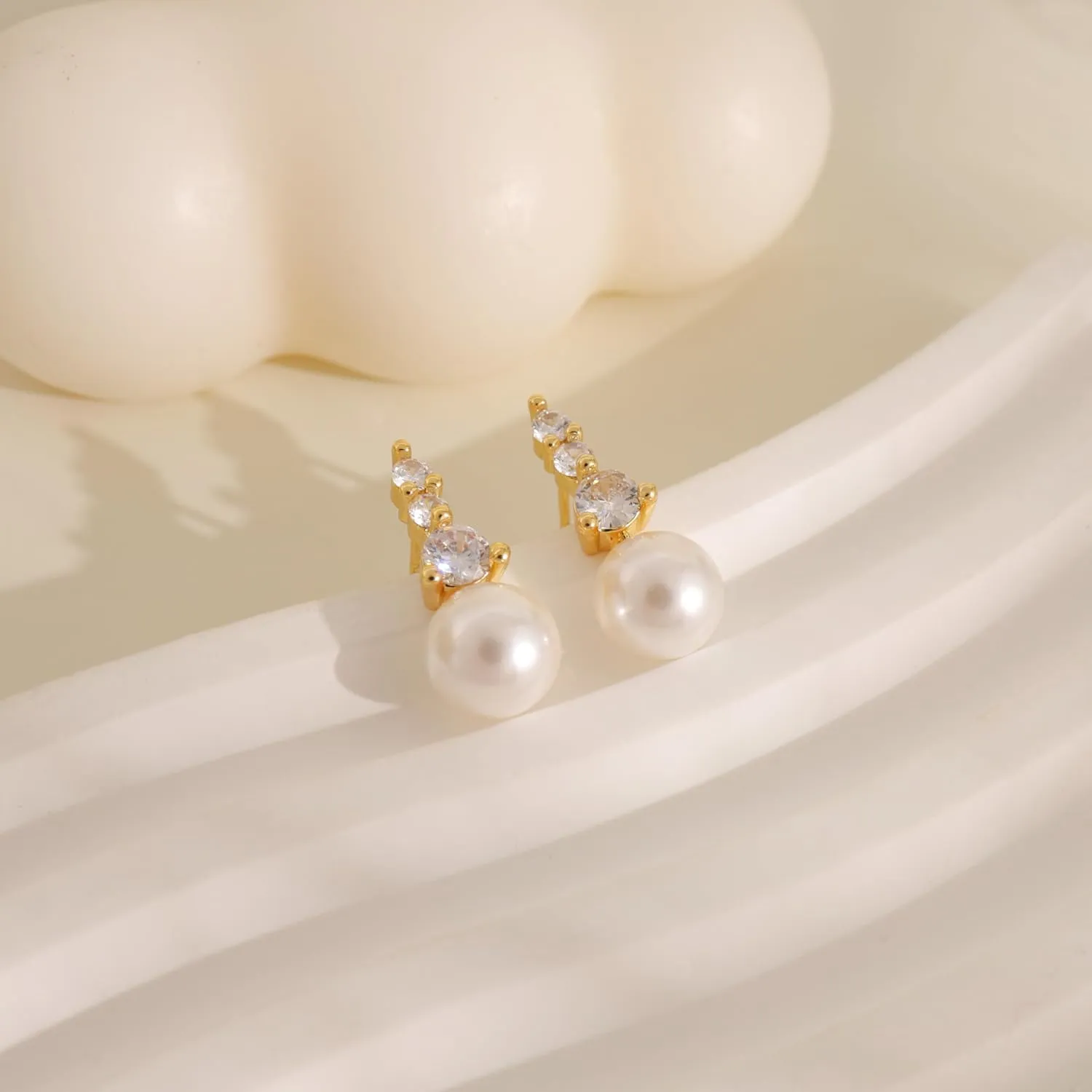 Pearl Earrings for Women - Dainty Gold Dangle Drop Earrings, 14k Gold Plated Cute Bow Design, Hypoallergenic Pearl Studs, Wedding Jewelry Gifts