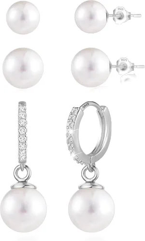 Pearl Earrings for Women Hypoallergenic Silver Pearl Drop Earrings Pearls Hoop Stud Earring Set Jewelry Gifts for Women Earing