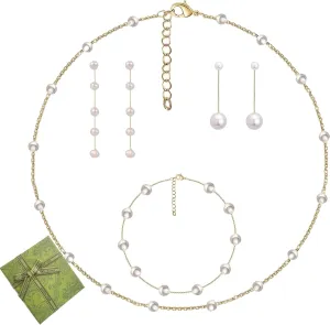 Pearl Necklace and Earring Set - 4PCS Pearl Jewelry Set for Women Adjustable Gold Plated Pearl Choker Bracelet Earrings Set Trendy Valentines Gift(Satellite Pearl Set)