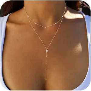 Pearl Necklace for Women,Trendy 14k Gold Plated Long Pearl Choker Necklaces Elegant Dainty Pearl Jewelry for Women Small White Pearl Chain Necklace Gifts