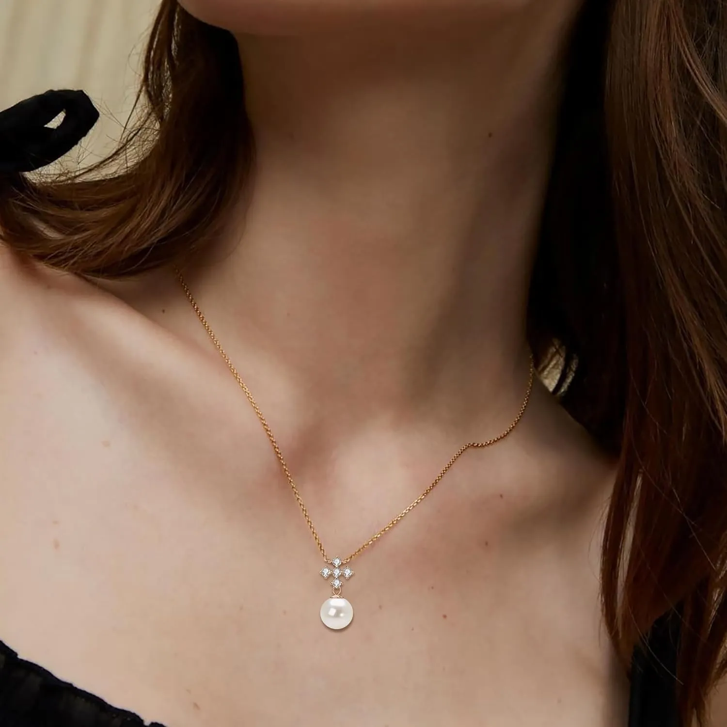 Pearl Necklaces for Women, Sterling Silver Freshwater White Pearl Pendant Necklace with Moissanite Pearl Jewelry Gifts for Wife Mom