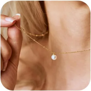Pearl Necklaces for Women Trendy,Dainty Gold Necklace 14K Gold Plated Pearl Pendant Necklace Single Pearl Necklace Cute Choker Necklace Gold Lariat Necklace Simple Chain Necklace Bridal Gifts