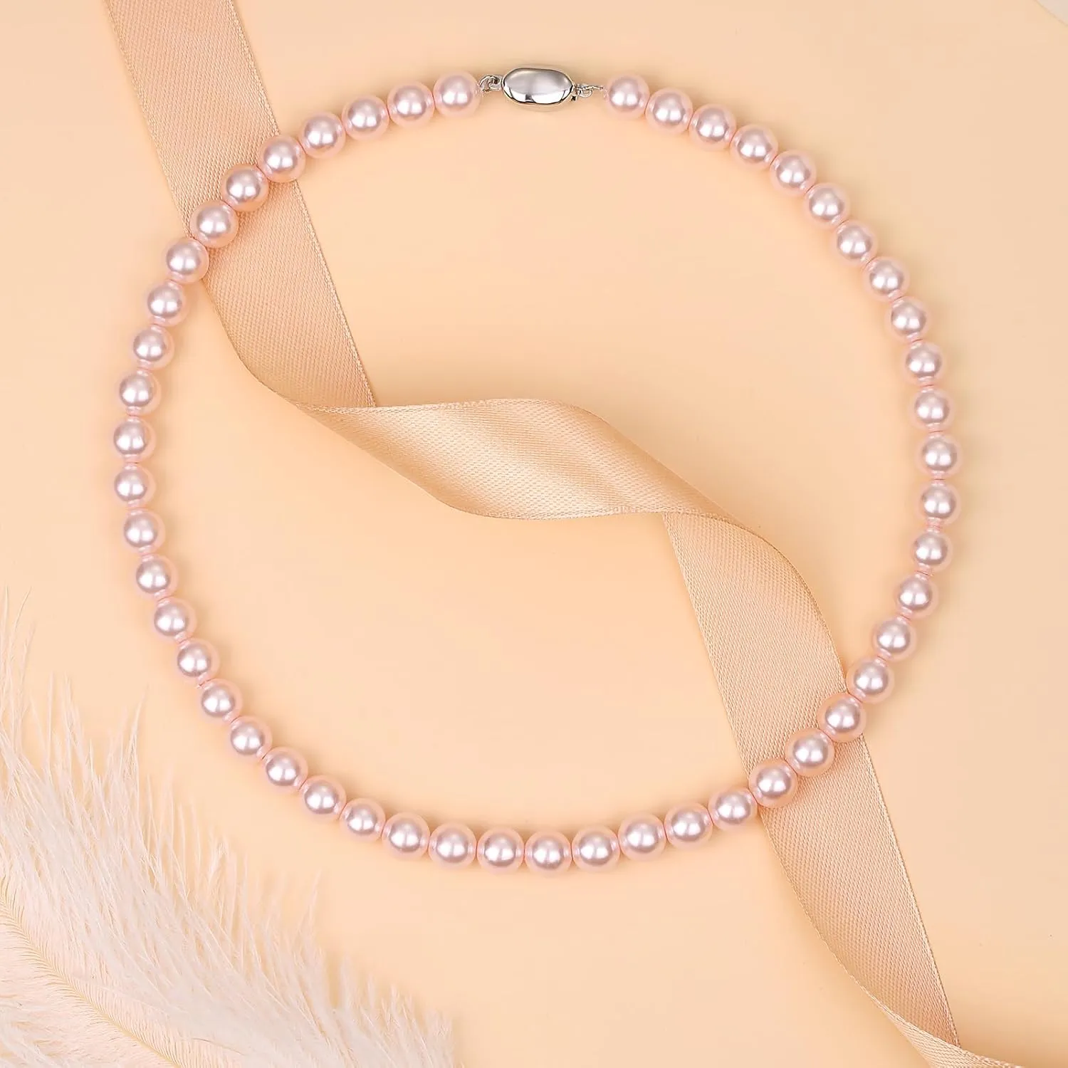 Pearl Necklaces for Women,8mm Pearl Necklace and Earring Bracelet Jewelry Set for Women Men Wedding Birthday Valentine Christmas Day Gifts