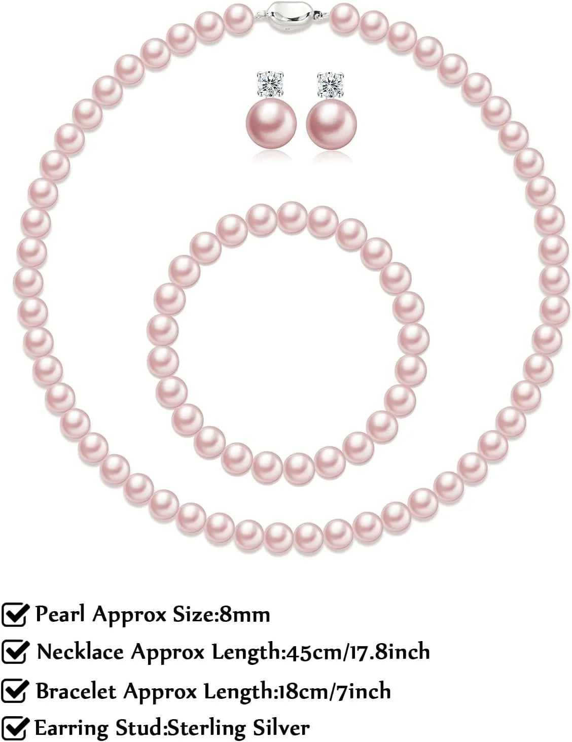 Pearl Necklaces for Women,8mm Pearl Necklace and Earring Bracelet Jewelry Set for Women Men Wedding Birthday Valentine Christmas Day Gifts