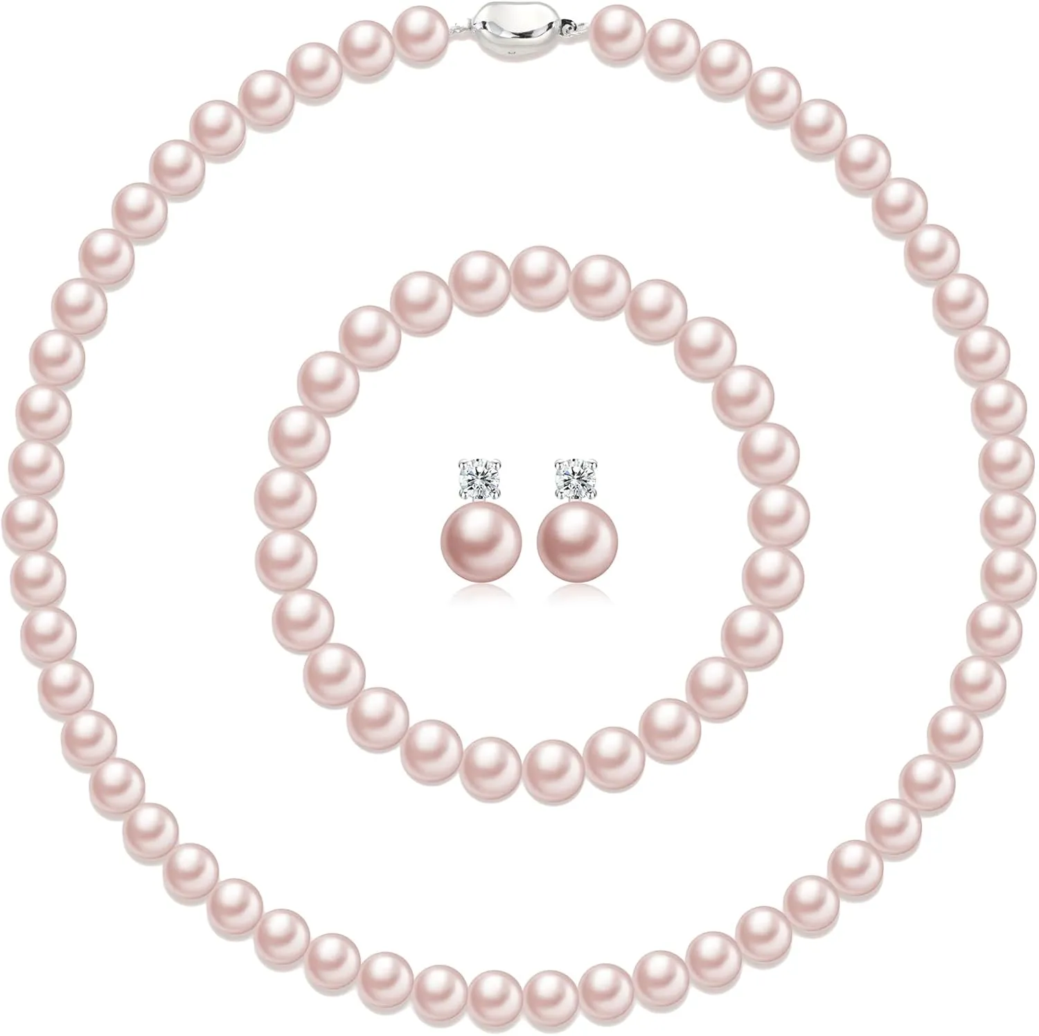 Pearl Necklaces for Women,8mm Pearl Necklace and Earring Bracelet Jewelry Set for Women Men Wedding Birthday Valentine Christmas Day Gifts