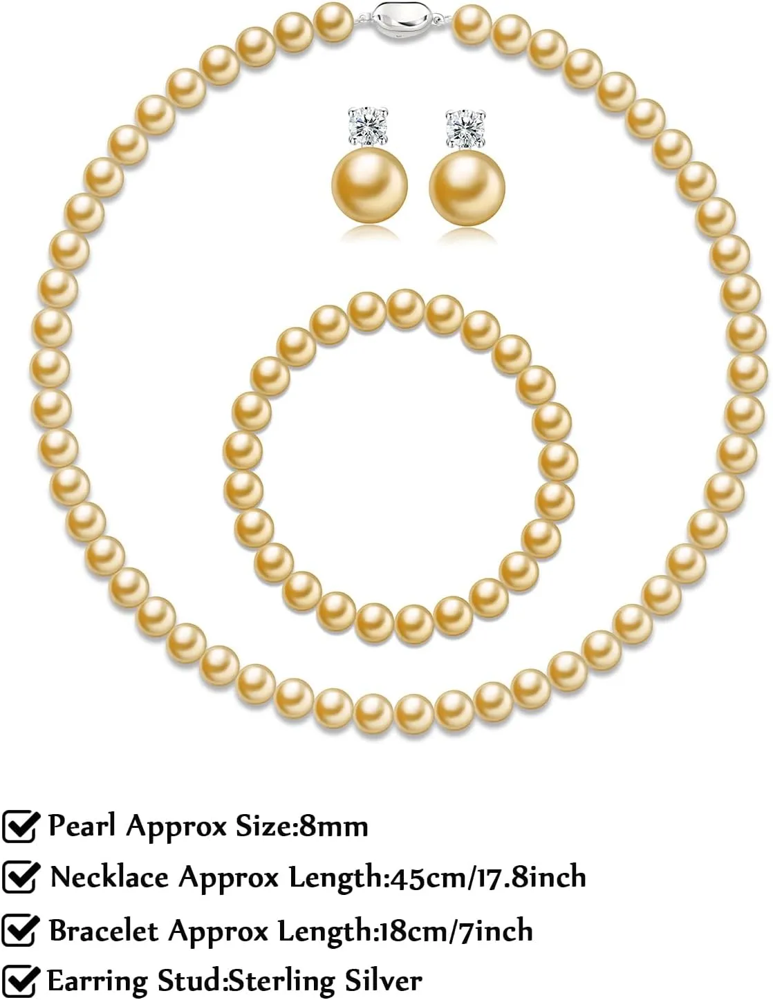 Pearl Necklaces for Women,8mm Pearl Necklace and Earring Bracelet Jewelry Set for Women Men Wedding Birthday Valentine Christmas Day Gifts