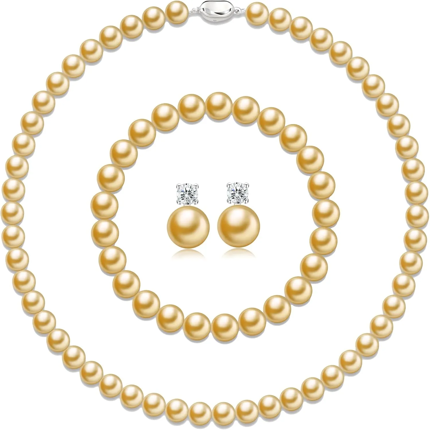 Pearl Necklaces for Women,8mm Pearl Necklace and Earring Bracelet Jewelry Set for Women Men Wedding Birthday Valentine Christmas Day Gifts