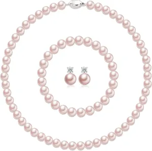 Pearl Necklaces for Women,8mm Pearl Necklace and Earring Bracelet Jewelry Set for Women Men Wedding Birthday Valentine Christmas Day Gifts
